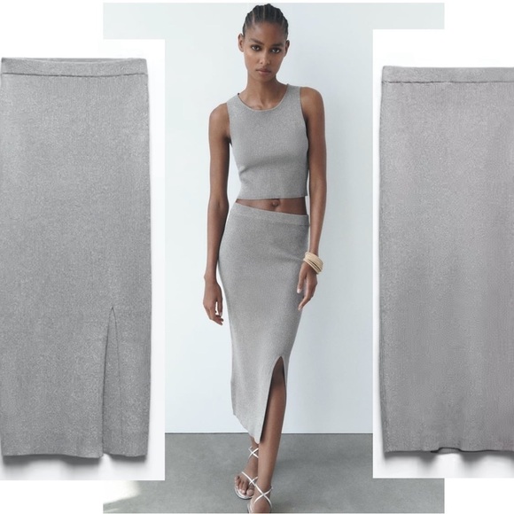 Zara Dresses & Skirts - Zara metallic silver thread gray knit midi pencil skirt side slit Sz L NWOT